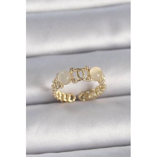 Pirin� Gold Renk Ayarlanabilir Zirkon Ta�l� Beyaz Mineli Birle�ik Halka Model Kad�n Y�z�k