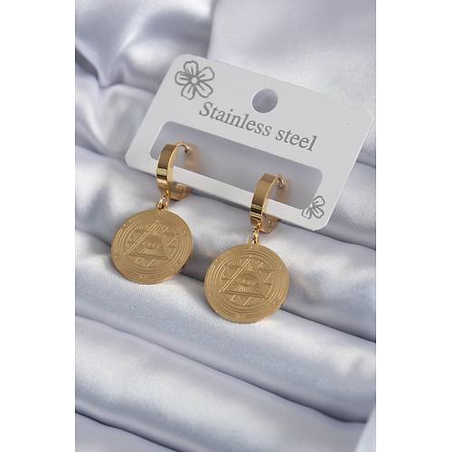 316L �elik Gold Renk Pentagram ��leme Model Kad�n K�pe