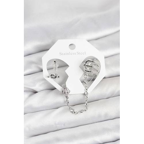 Pirin� G�m�� Renk Sarmal Model Zincir Ba�lant�l� Ear Cuff K�pe Seti