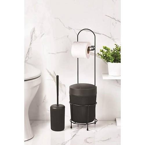 Metal Standl� Yuvarlak Koval� & Ka��tl�kl� & F�r�al�kl� Siyah Banyo Tak�m�