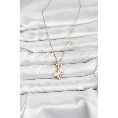 316L �elik Zincir Gold Renk 4 Yaprakl� Yonca Model Zirkon Ta�l� Kad�n Kolye