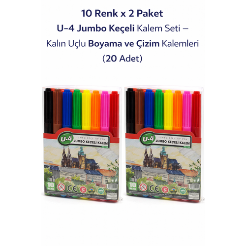 U-4 Jumbo Ke�eli Kalem 10 Renk x 2 Paket � Kal�n U�lu Boyama ve �izim Kalemi Seti (20 Adet)
