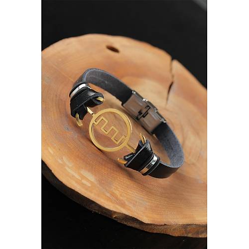 Gold Renk Metal Labirent Tasar�m Siyah Renk Deri Erkek Bileklik