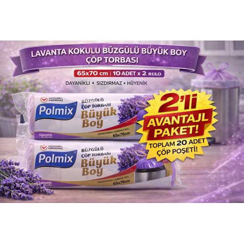 Polmix Lavanta Kokulu B�zg�l� ��p Torbas� B�y�k Boy 65x70 cm 10'lu 2 Paket Dayan�kl� S�zd�rmaz ��p Po�eti