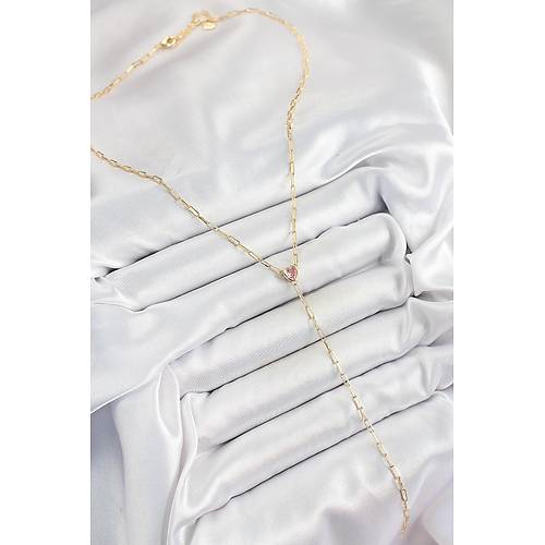 Pirin� Zirkon Ta�l� Pembe Kalp Fig�rl� Y Model Gold Renk Kad�n Kolye