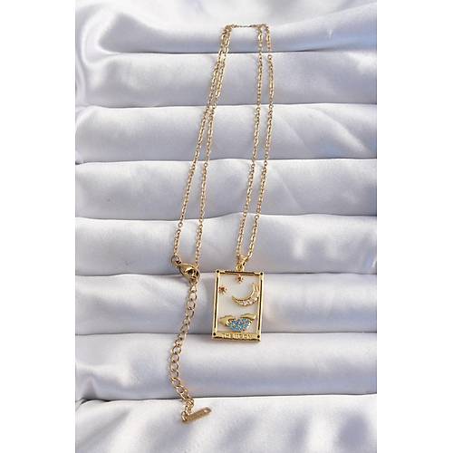 316L �elik Zincir Gold Renk Ay Detay Mavi Zirkon Ta�l� Tarot Kolye