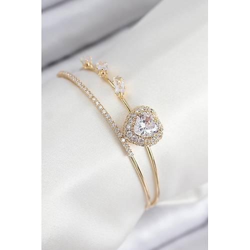 Pirin� Zirkon Ta�l� Kalp Model Gold Renk Kad�n Bileklik
