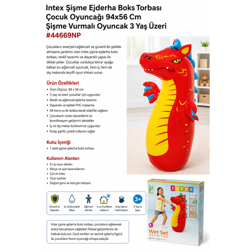Intex Wet Set 44669NP �i�me Ejderha Boks Torbas� �ocuk Oyunca�� 94x56 Cm Vurmal� �i�me Oyuncak 3 Ya� �zeri 44669NP