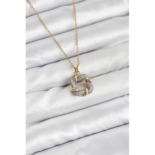 316L �elik Zincir Gold Renk Zirkon Ta�l� Sarmal Model Kad�n Kolye