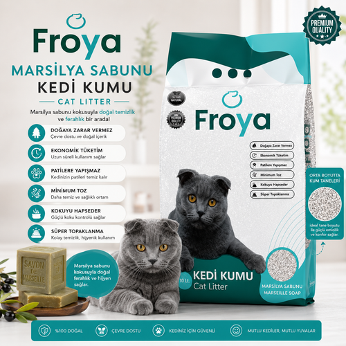 Froya Marsilya Sabunu Kokulu Kedi Kumu 10 Lt Orta Taneli Topaklanan Tozsuz Kedi Kumu