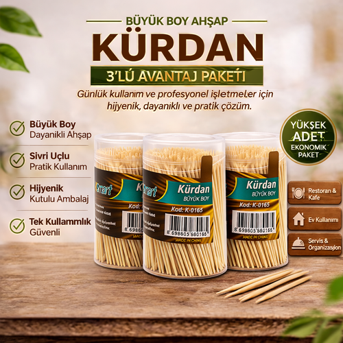 K�rdan B�y�k Boy Ah�ap K�rdan Hijyenik Paket Tek Kullan�ml�k Dayan�kl� K�rdan Seti 3 Adet