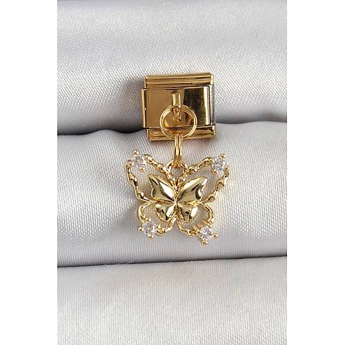 316L �elik Sallant�l� Zirkon Ta�l� Kelebek Model Gold Renk Nomination Charm