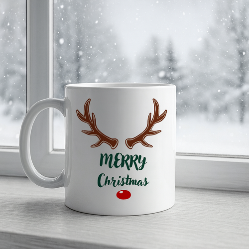 Merry Christmas Yaz�l� Geyik Boynuzlu Y�lba�� Kupas� Model 212 Bask�l� Seramik Kahve Kupas�