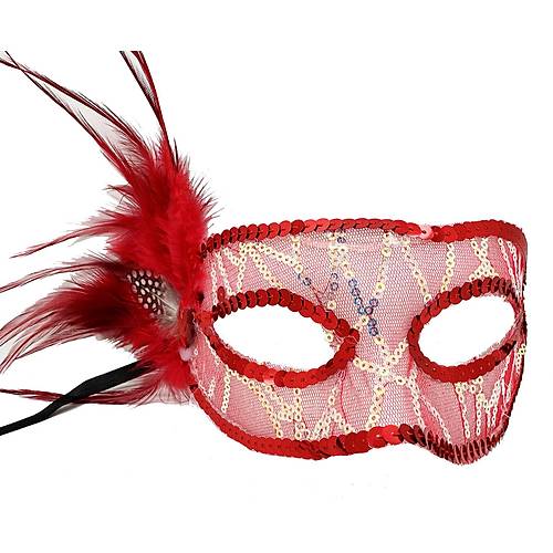 K�rm�z� Renk Yandan T�yl� Pul Payet ��lemeli Parti Maskesi 23x12 cm