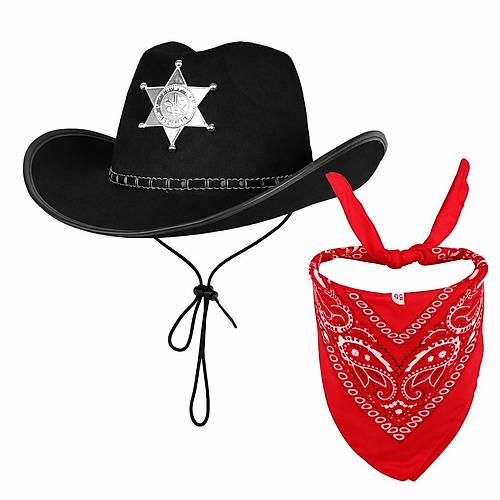 �ocuk Kovboy �apka Rozetli Siyah & K�rm�z� Bandana Fular Seti