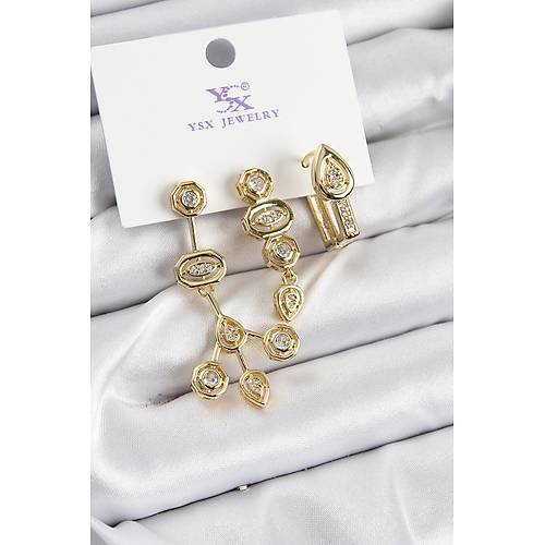 Pirin� Z�rkon Ta�l� Geometrik Model Gold Renk 3'l� Kad�n K�pe