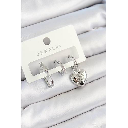 Pirin� Zirkon Ta�l� Kalp Model G�m�� Renk 3'l� �ift Kad�n K�pe Set