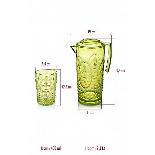 Akrilik Ye�il S�rahi 2,3 lt Ve 6'l� & Su Me�rubat Kahve Yan� Barda�� 400 ml Seti