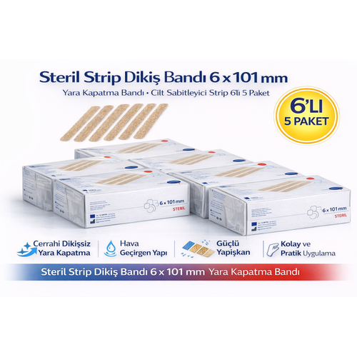 Steril Strip Diki� Band� 6 x 101 mm Yara Kapatma Band� Cilt Sabitleyici Strip 6�l� 5 Paket