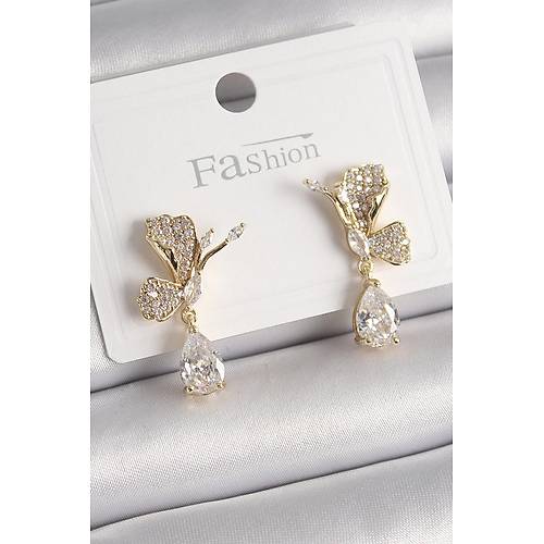 Pirin� Gold Renk Zirkon Ta�l� Turna Ku�u Model Sallant� Detay Kad�n K�pe