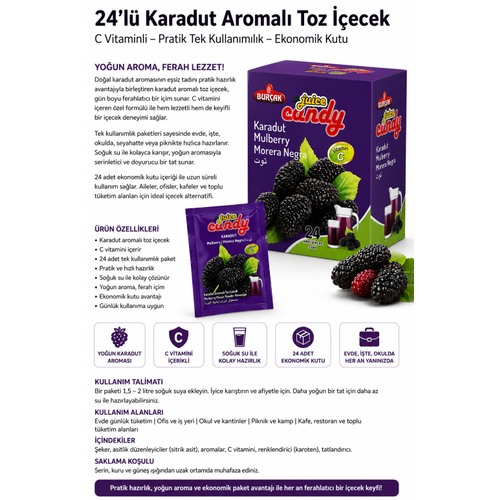 24�l� Karadut Aromal� Toz ��ecek Vitamin C ��erikli Pratik Tek Kullan�ml�k So�uk ��ecek Tozu