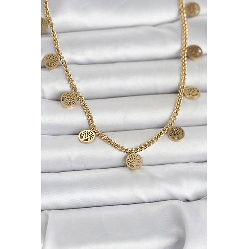 316L �elik Gold Renk Ya�am A�ac� Model Kad�n Kolye