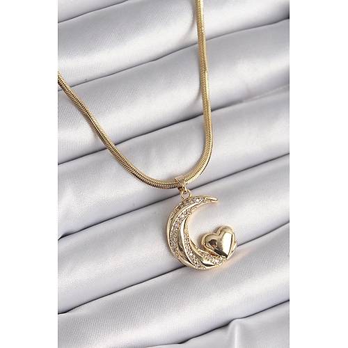 316L �elik Gold Renk �elik �talyan Zincir Zirkon Ta�l� Halil Fig�r Kalp Detay Kad�n Kolye