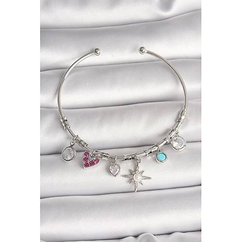 Pirin� G�m�� Renk Sallant� Zirkon Ta�l� Kutup Y�ld�z Fig�r Kalp Detay Charm Kad�n Bileklik