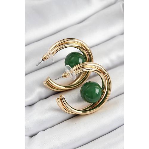 Pirin� Gold Renk Halka Model Ye�il Boncuk Detay Kad�n K�pe