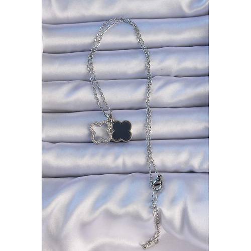 316L �elik G�m�� Renk Siyah Mineli Zirkon Ta�l� Yonca Fig�rl� Kolye