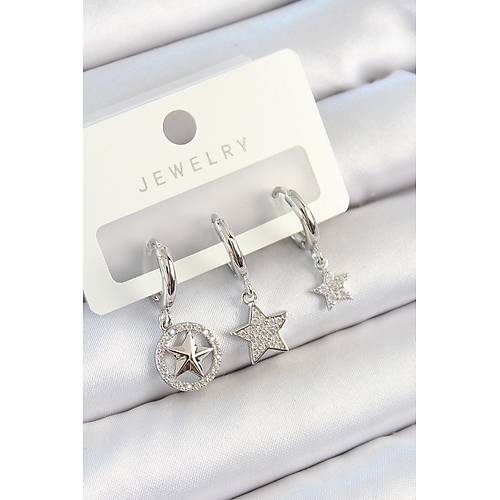 Pirin� Zirkon Ta�l� Y�ld�z Model G�m�� Renk 3'l� �ift Kad�n K�pe Set