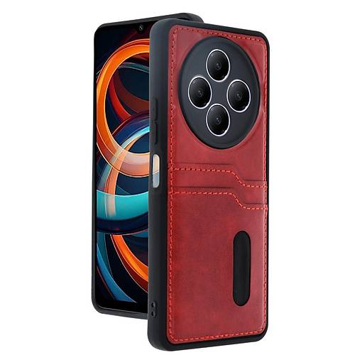 Redmi 14C K�l�f Sara Kartvizitli Deri K�l�f - K�rm�z�