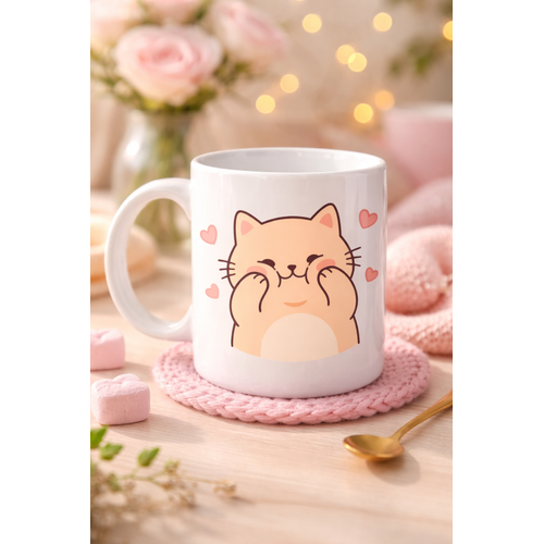 Sevimli Kedi Tasar�ml� Porselen Kupa MODEL 193 � Kalpli Cute Cat Bask�l� Kahve Kupas� � Sevgiliye Hediye Sevimli Kupa