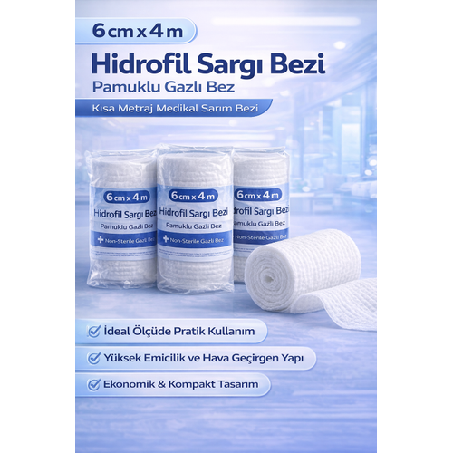 6 cm x 4 m Hidrofil Sarg� Bezi Pamuklu Gazl� Bez K�sa Metraj Medikal Sar�m Bezi 50 Adet