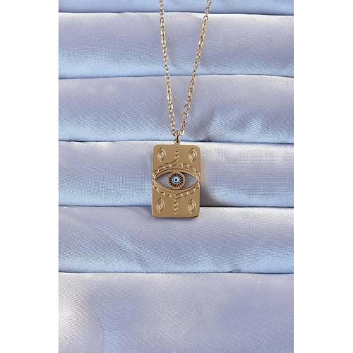 316L Alt�n Renk ��lemeli Nazarl� Vintage Kolye