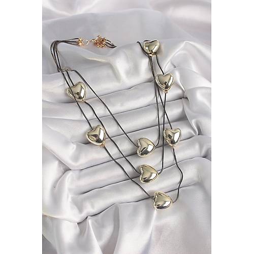 Pirin� F�me Renk Zincir 3D Gold Renk Kalp Model Kad�n Kolye