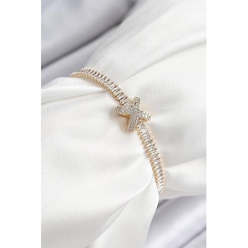 Pirin� Zirkon Ta�l� X Detayl� Su Yolu Model Gold Renk Asans�rl� Kad�n Bileklik