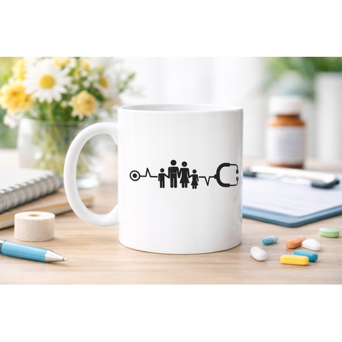 Aile ve Kalp Ritmi Tasar�ml� Porselen Kupa MODEL 171 � Stetoskop Temal� Sa�l�k �al��an� Kahve Kupas� � Doktor ve Hem�ire Hediyesi