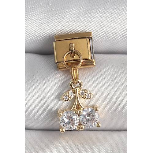 316L �elik Gold Renk Sallant� Zirkon Ta�l� Kiraz Model Nomination Charm
