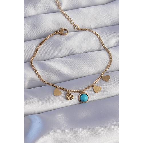 316L �elik Gold Renk Minimal Kalpli Mavi Ta� Detayl� Bileklik
