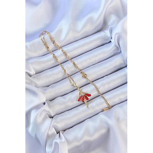 316L �elik Zincir Alt�n Renk K�rm�z� Etekli Zirkon Ta�l� Balerin Kolye