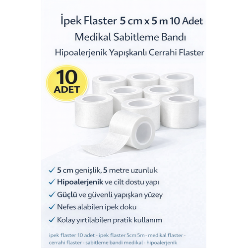 �pek Flaster 5 cm x 5 m 10 Adet Medikal Sabitleme Band� Hipoalerjenik Yap��kanl� Cerrahi Flaster