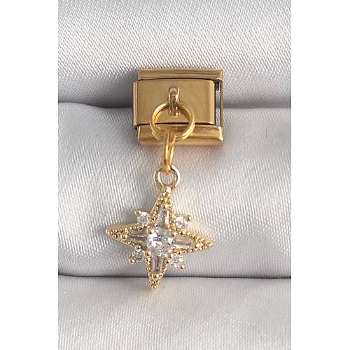 316L �elik Gold Renk Sallant� Zirkon Ta�l� Kutup Y�ld�z Model Nomination Charm