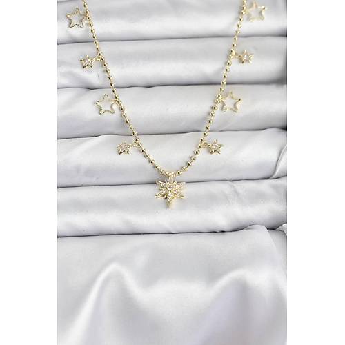 Pirin� Gold Renk Zirkon Ta�l� Kutup Y�ld�z� Model Kad�n Kolye