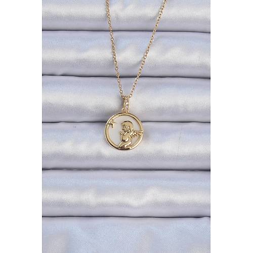 316L �elik Zincir Alt�n Renk Zirkon Ta�l� Mineli Melek Kolye