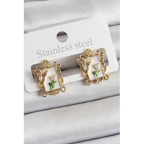 Pirin� Beyaz Mineli Sanatsal Portre Model Gold Renk Kad�n K�pe