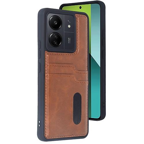 Redmi 13C K�l�f Sara Kartvizitli Deri K�l�f - Taba