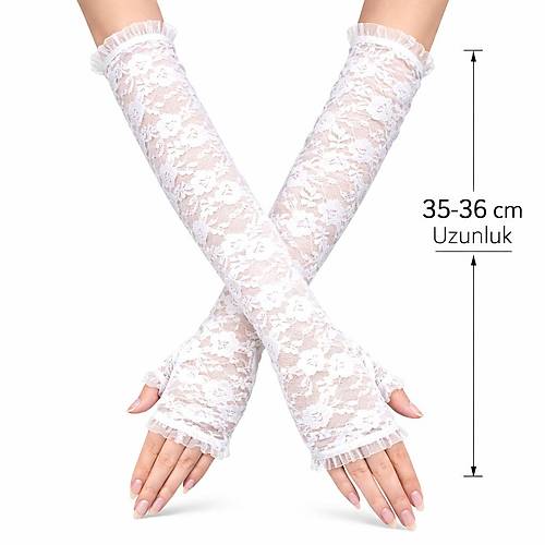 Uzun Zarif Dantel Eldiven Parmaks�z Beyaz 35 cm