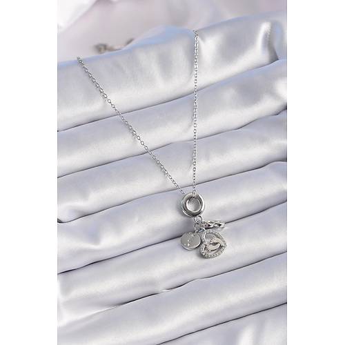 316L �elik G�m�� Renk Zirkon Ta� Detay Kalp Model Charm Kad�n Kolye