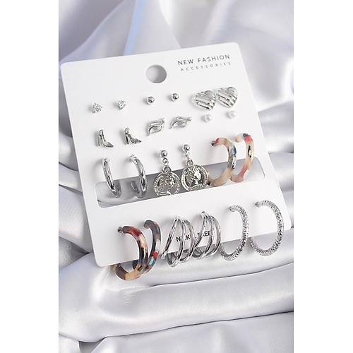 Pirin� G�m�� Renk Zirkon Ta� Detayl� 12 �ift Kad�n K�pe